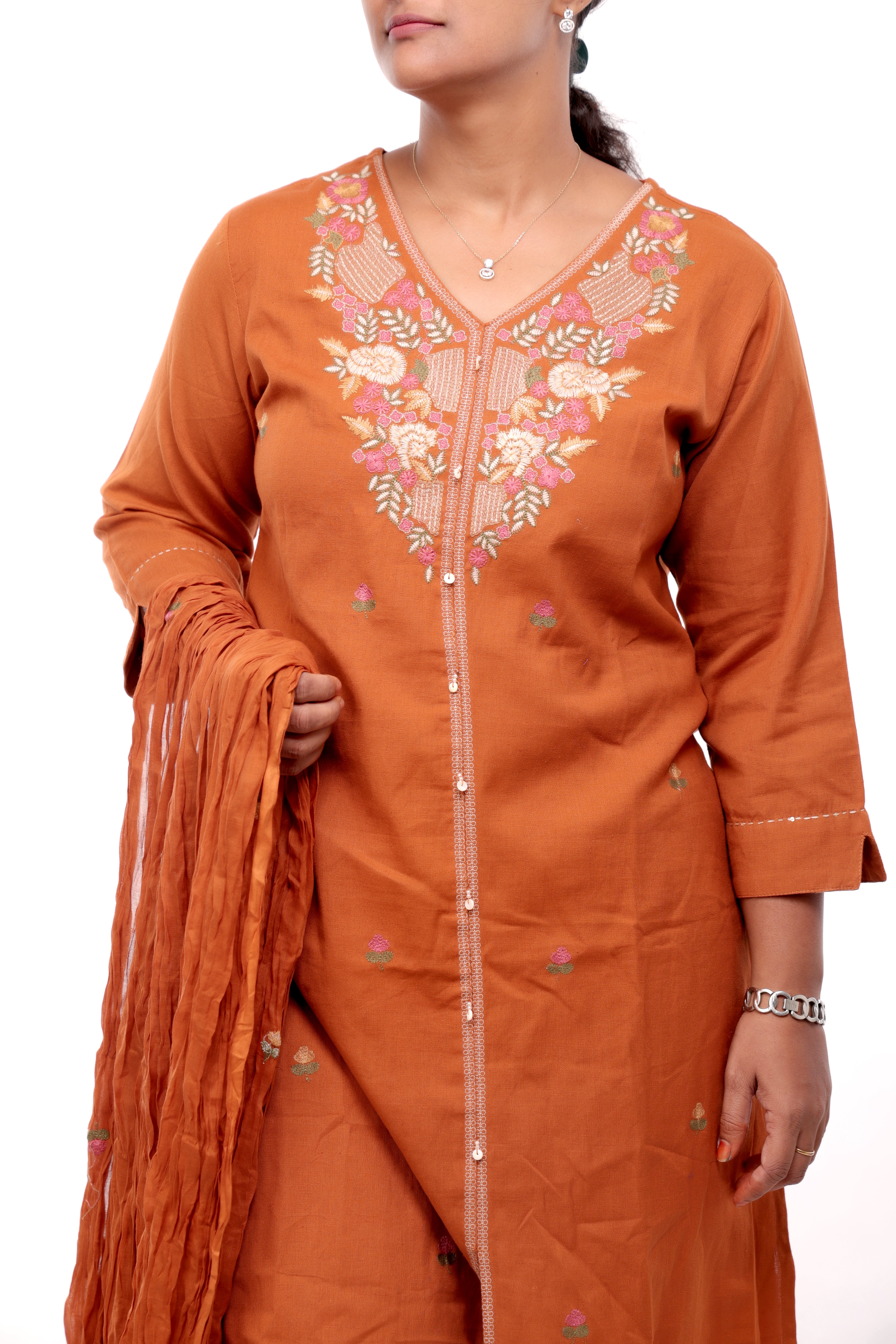 Rust Orange Cotton Embroidered Salwar Set