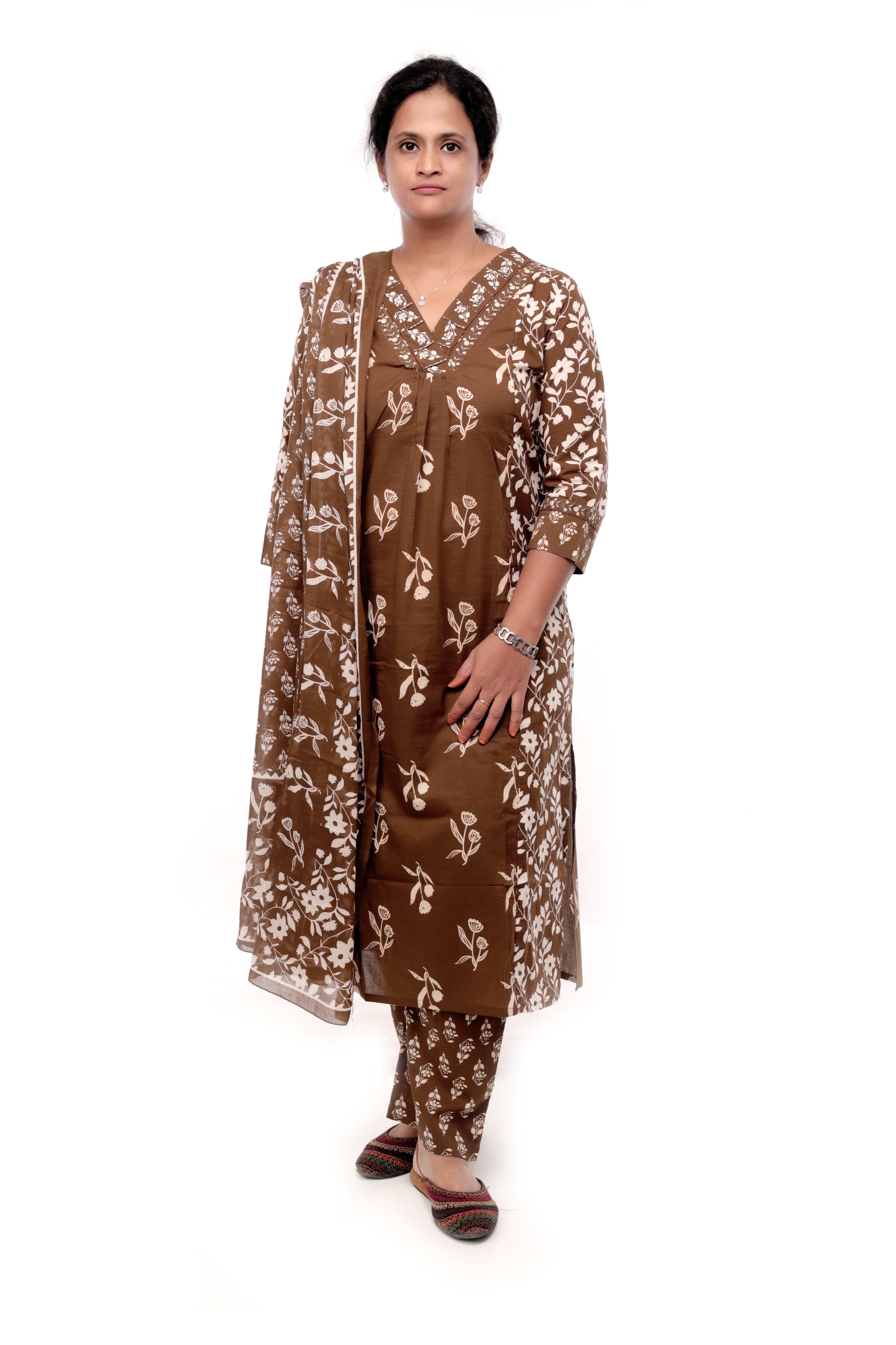 Brown Floral Printed Cotton Salwar Set