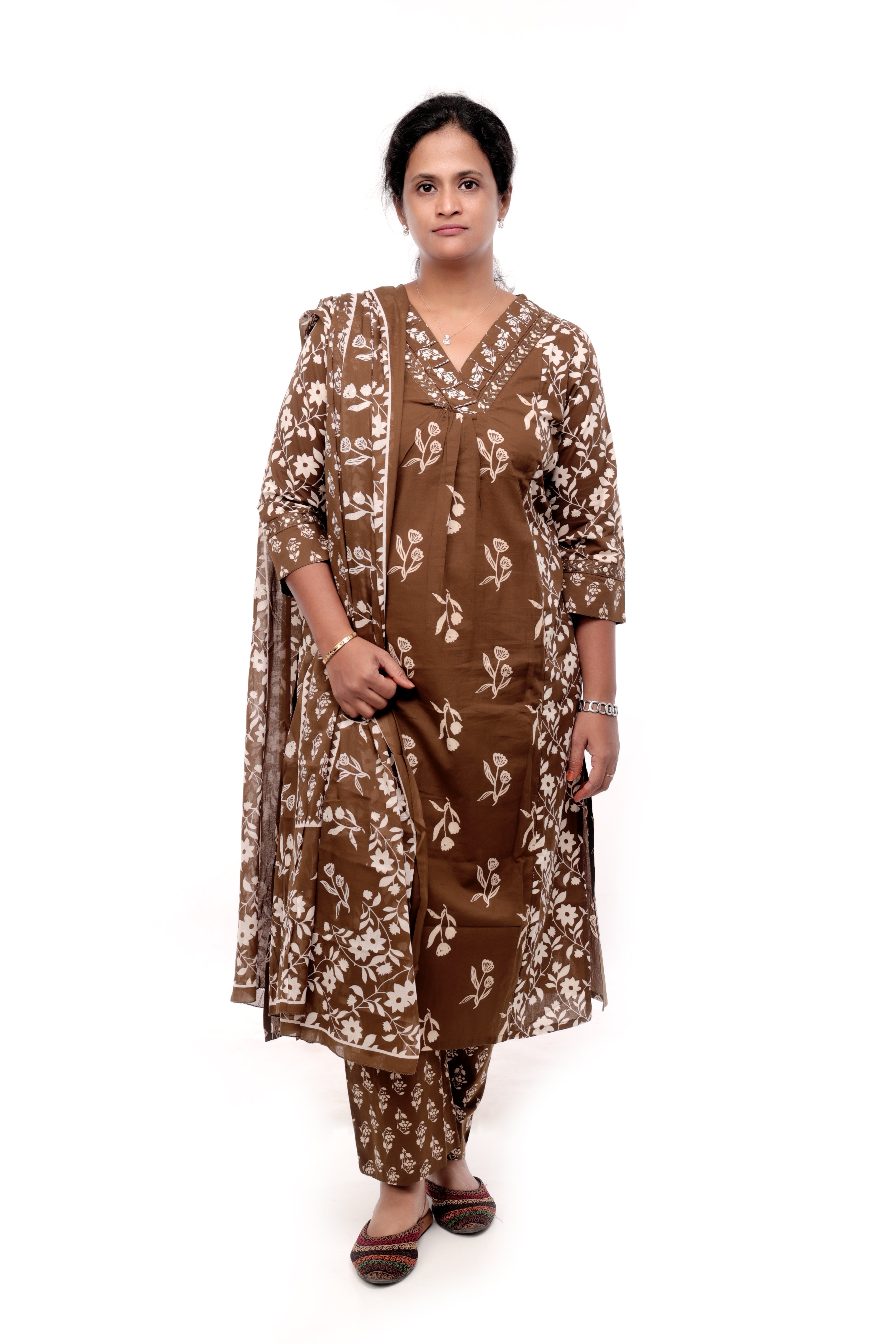 Brown Floral Printed Cotton Salwar Set