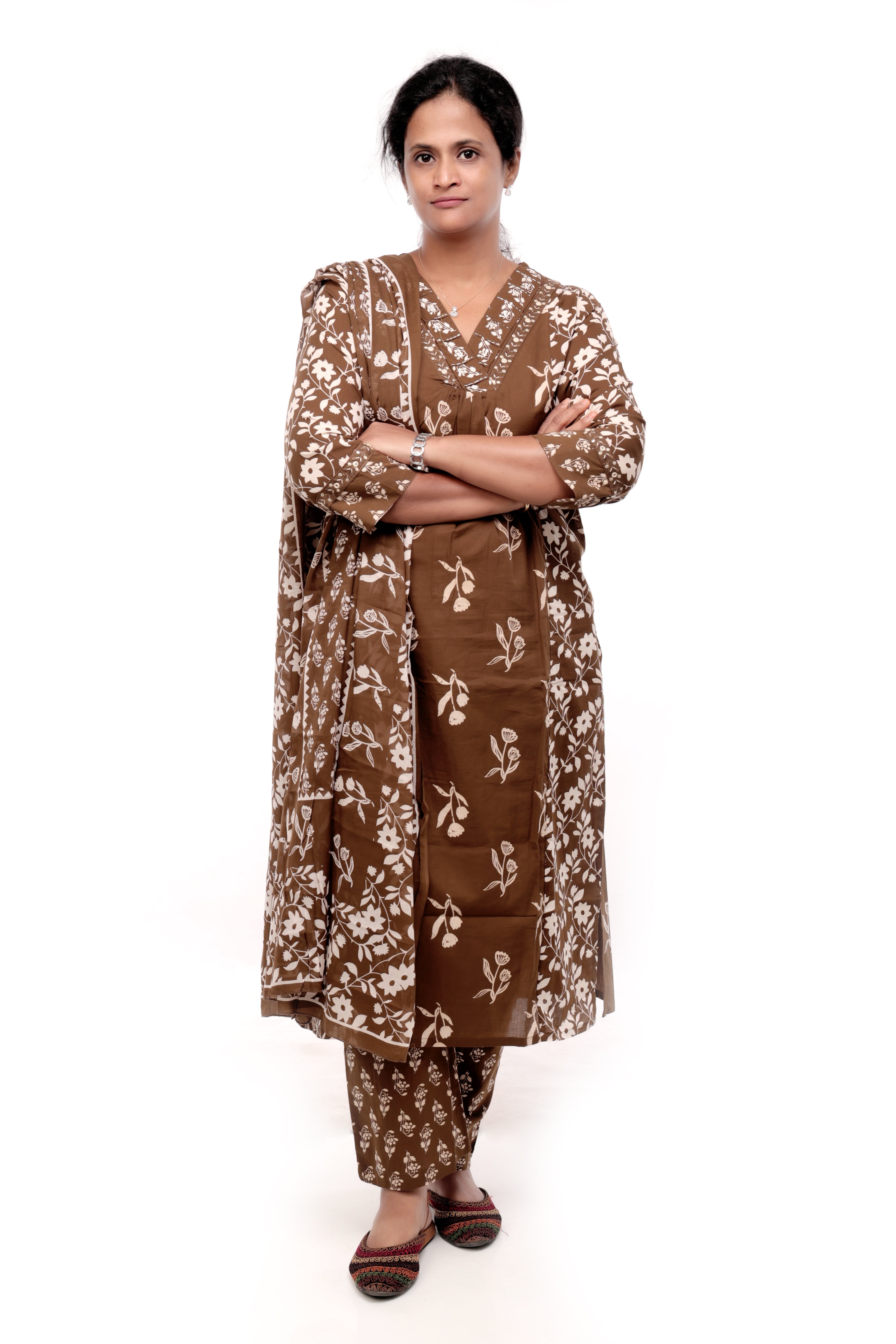 Brown Floral Printed Cotton Salwar Set