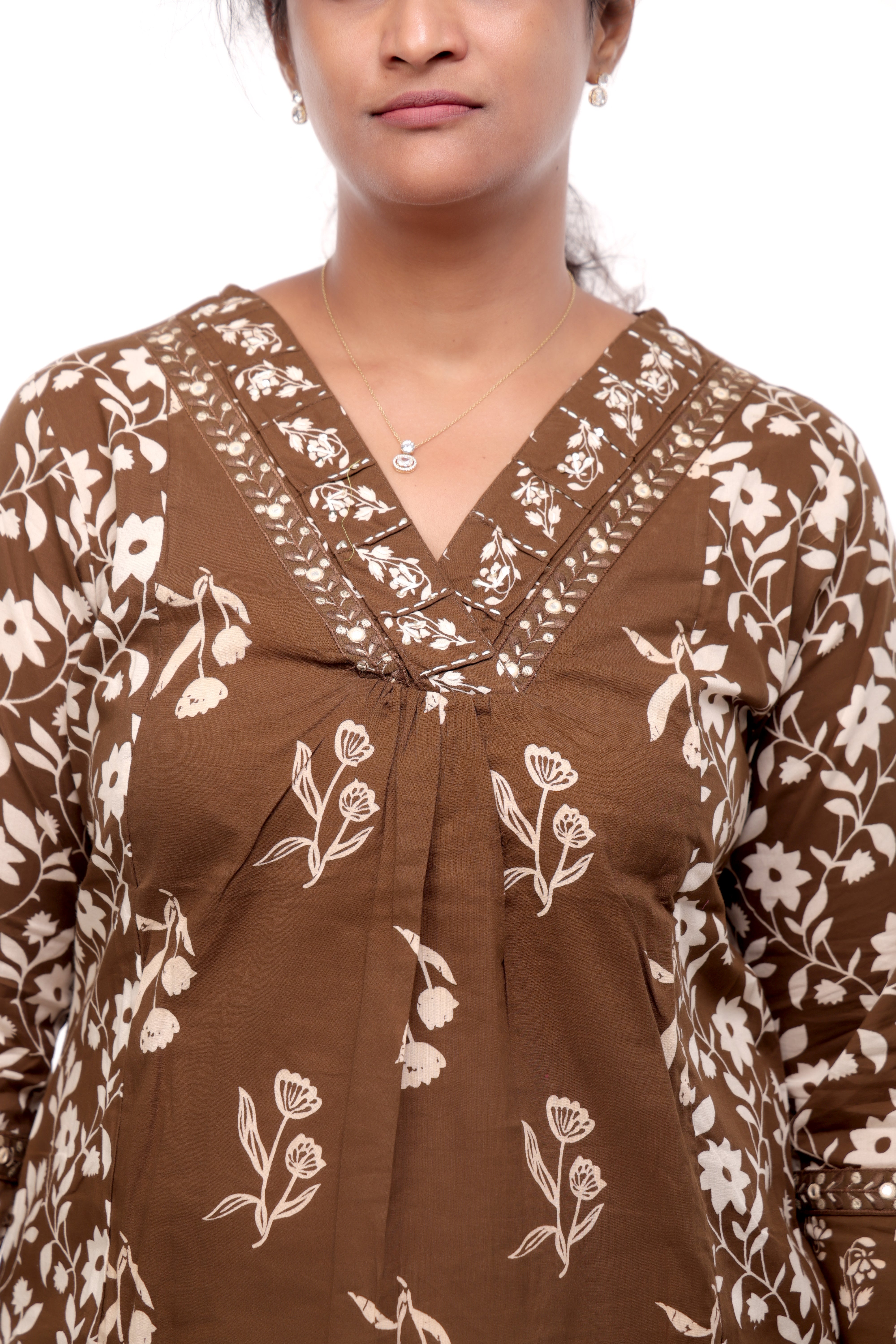Brown Floral Printed Cotton Salwar Set