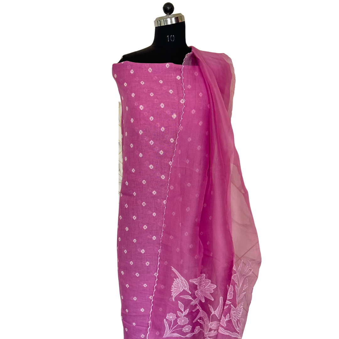 Pink Bandhini Linen Unstitched Salwar set