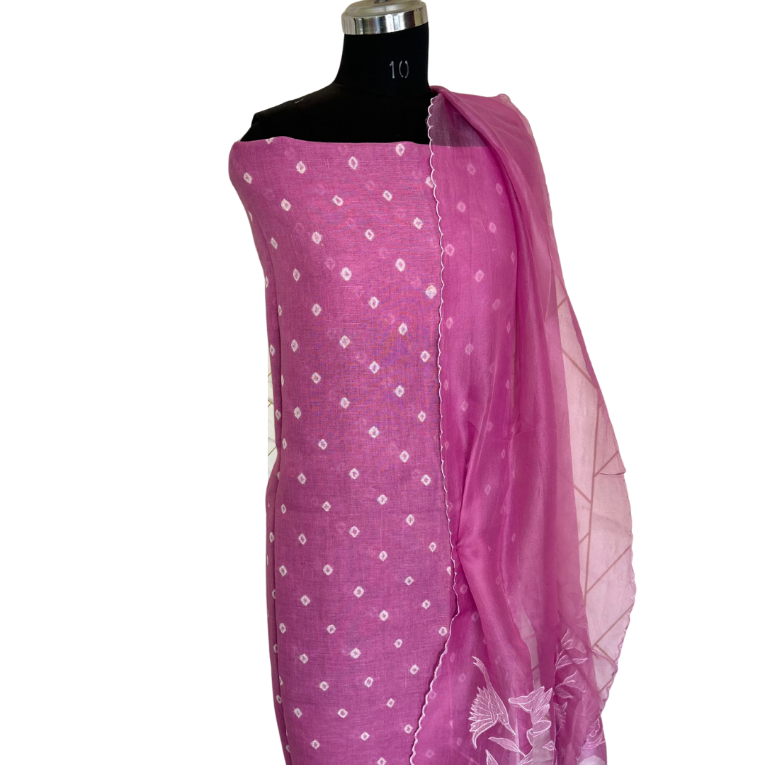 Pink Bandhini Linen Unstitched Salwar set