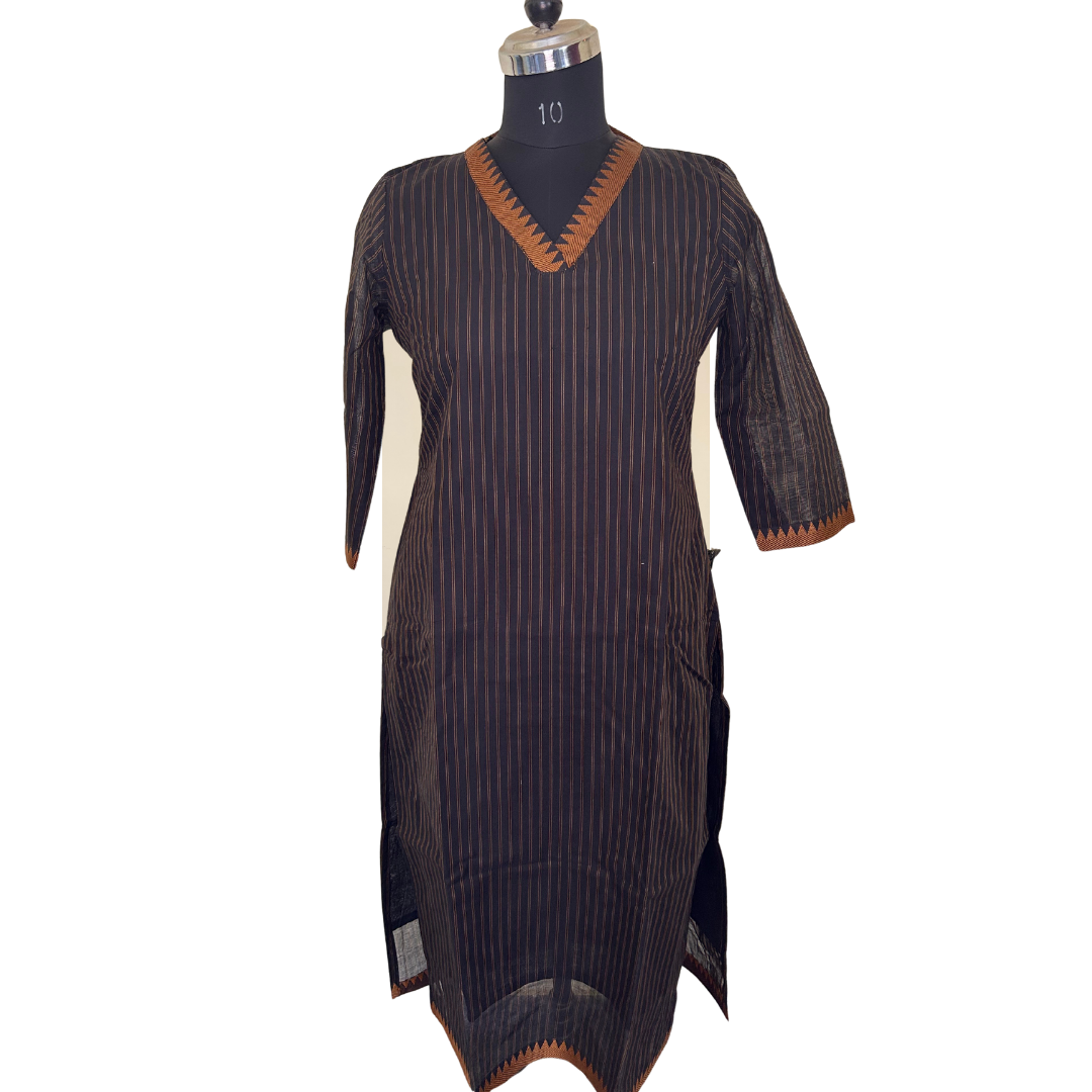 Handloom Striped Cotton Collar Kurti - Black