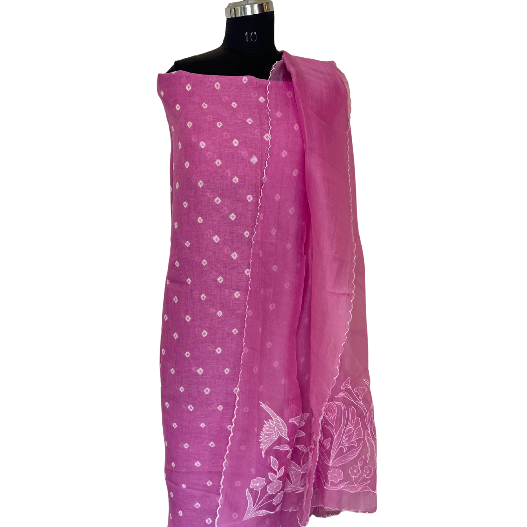 Pink Bandhini Linen Unstitched Salwar set