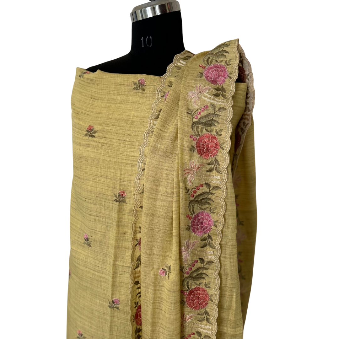 Embroidered Ghicha Cotton Unstitched Salwar set - Green Yellow