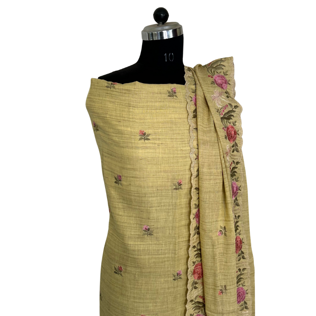 Embroidered Ghicha Cotton Unstitched Salwar set - Green Yellow