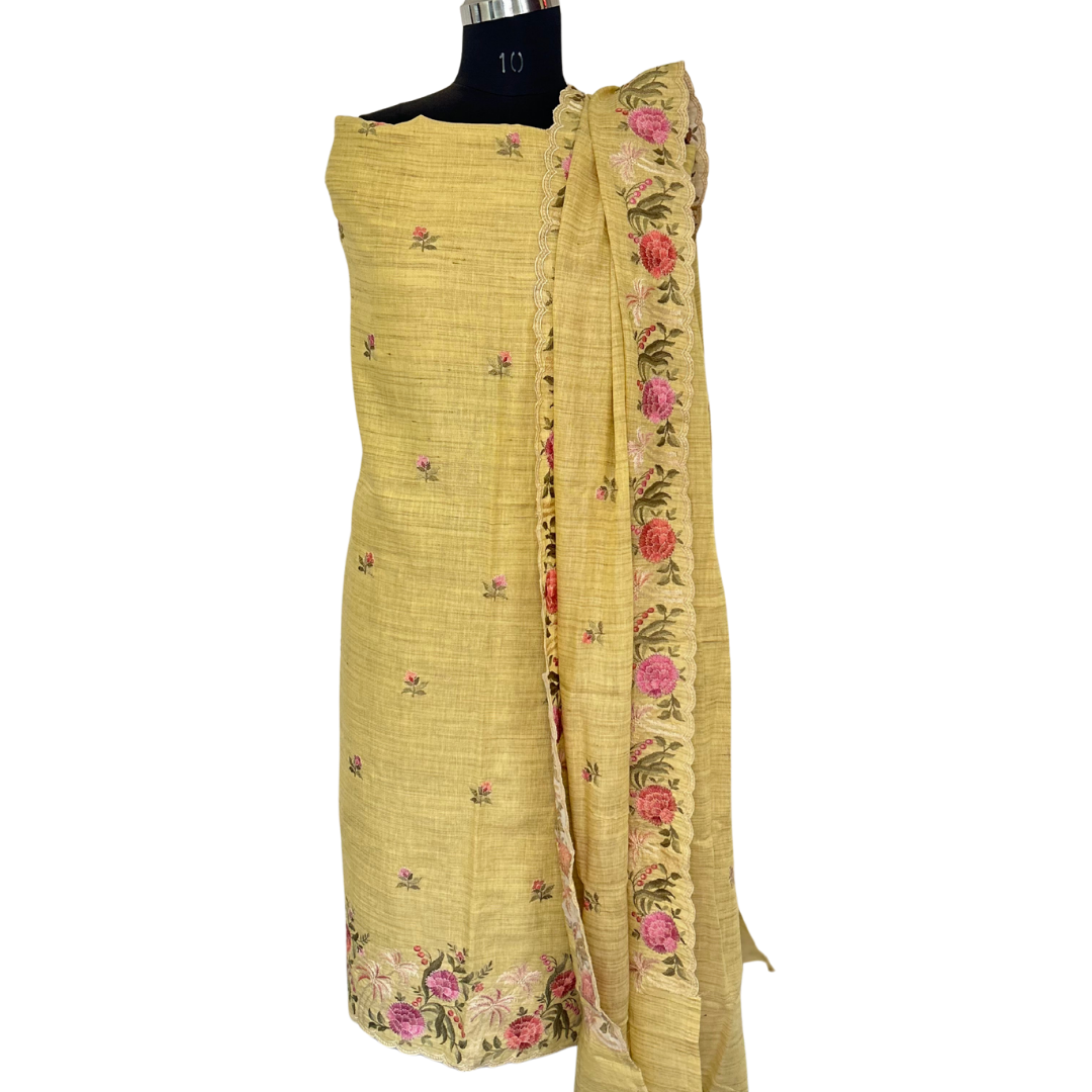 Embroidered Ghicha Cotton Unstitched Salwar set - Green Yellow