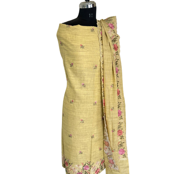 Embroidered Ghicha Cotton Unstitched Salwar set - Green Yellow