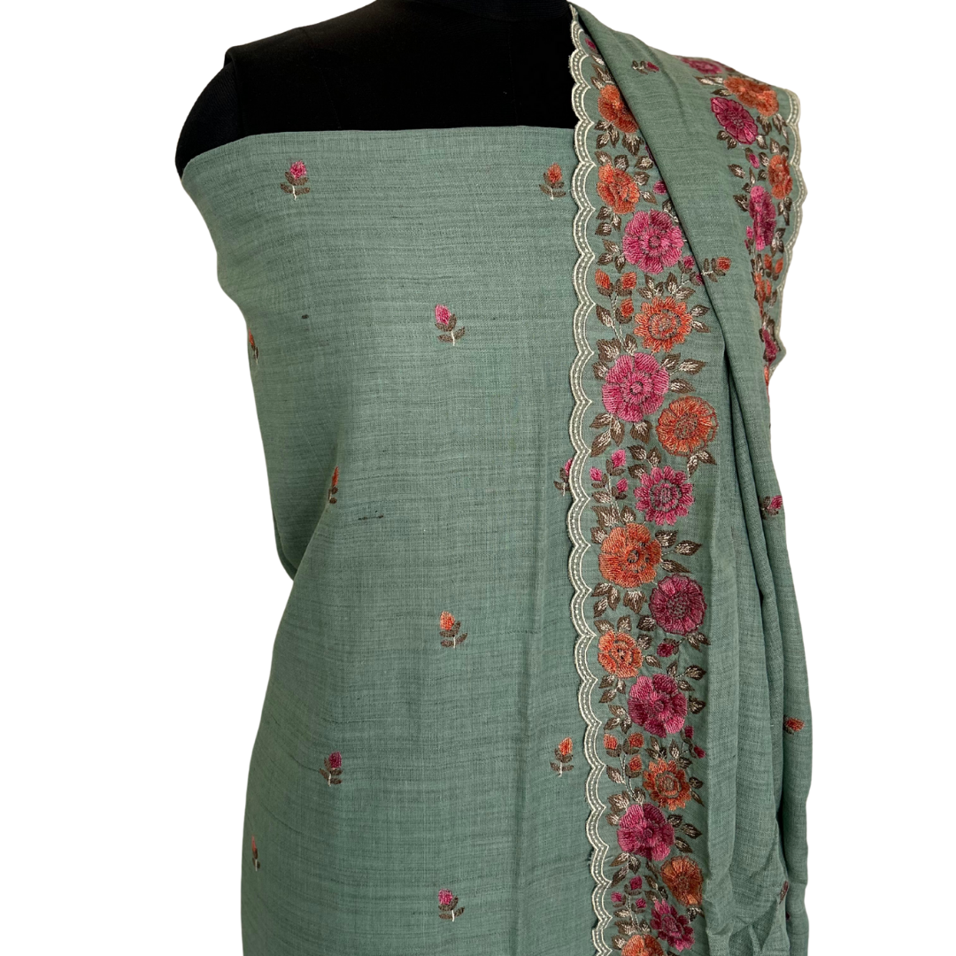 Embroidered Ghicha Cotton Unstitched Salwar set - Sage Green