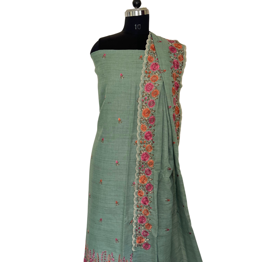 Embroidered Ghicha Cotton Unstitched Salwar set - Sage Green
