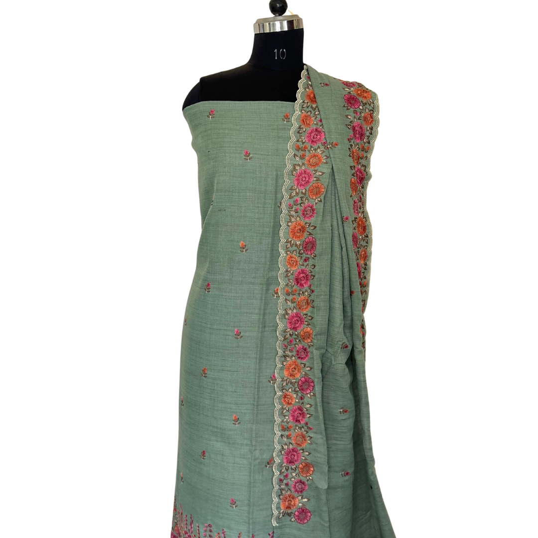 Embroidered Ghicha Cotton Unstitched Salwar set - Sage Green