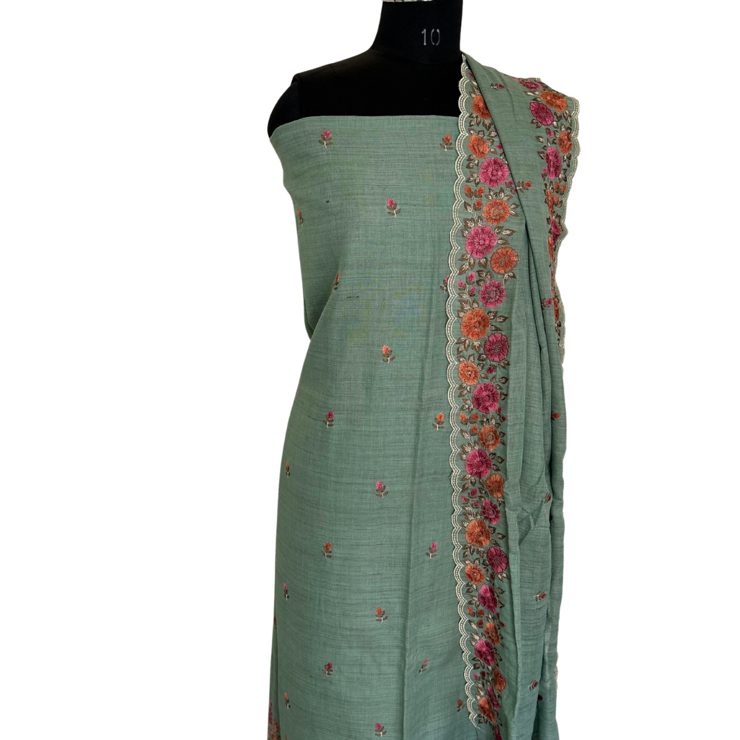 Embroidered Ghicha Cotton Unstitched Salwar set - Sage Green