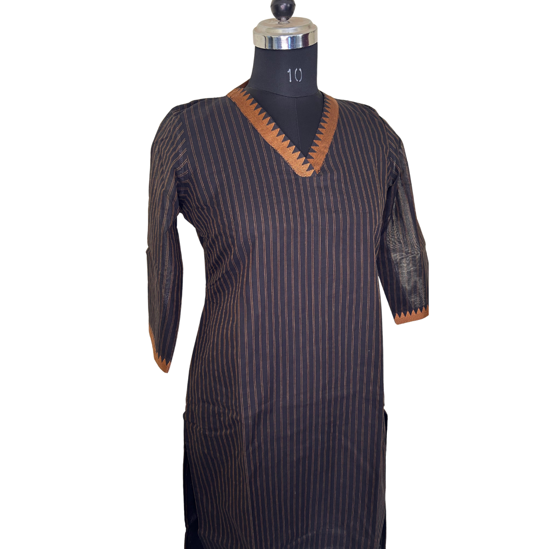 Handloom Striped Cotton Collar Kurti - Black