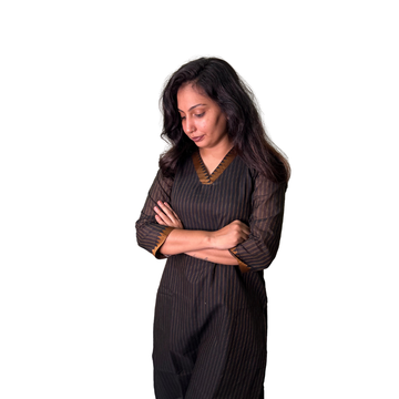 Handloom Striped Cotton Collar Kurti - Black