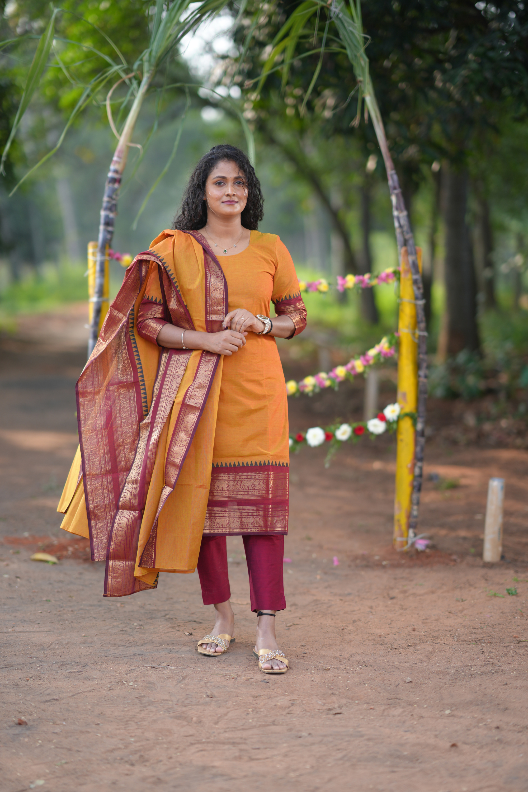 Mustard Cotton Kurta with temple border dupatta