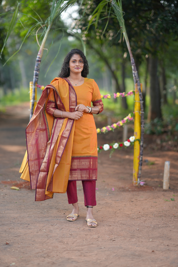Mustard Cotton Kurta with temple border dupatta