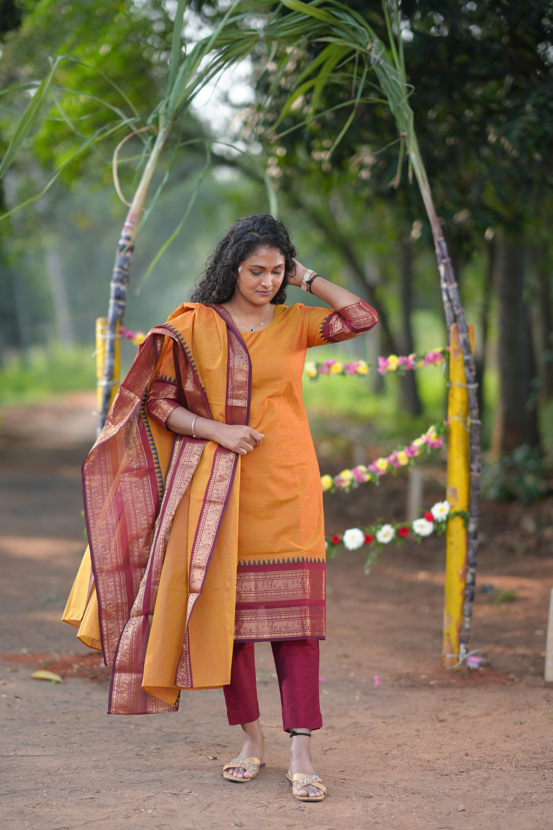 Mustard Cotton Kurta with temple border dupatta