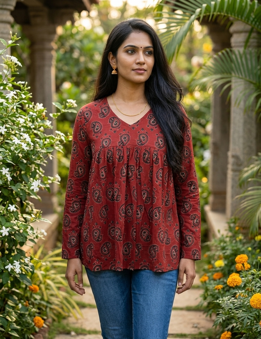 Paisley Print Gathered Cotton Top – Rust Red
