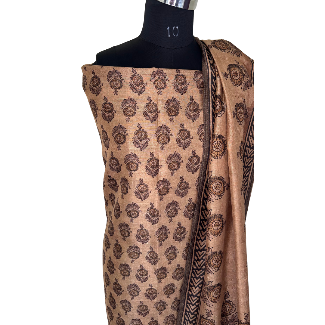 Mughal Print Raw Silk Unstitched Salwar set - Bronze