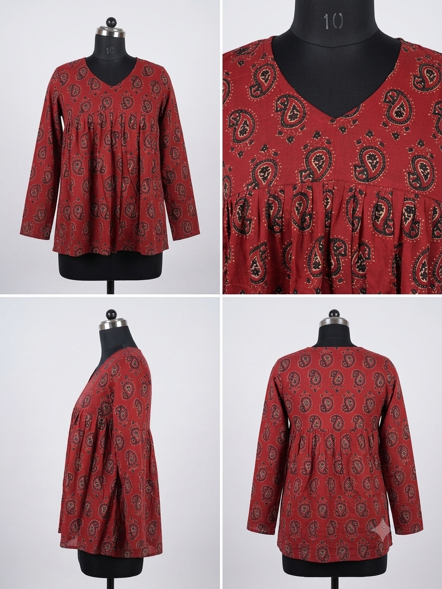 Paisley Print Gathered Cotton Top – Rust Red