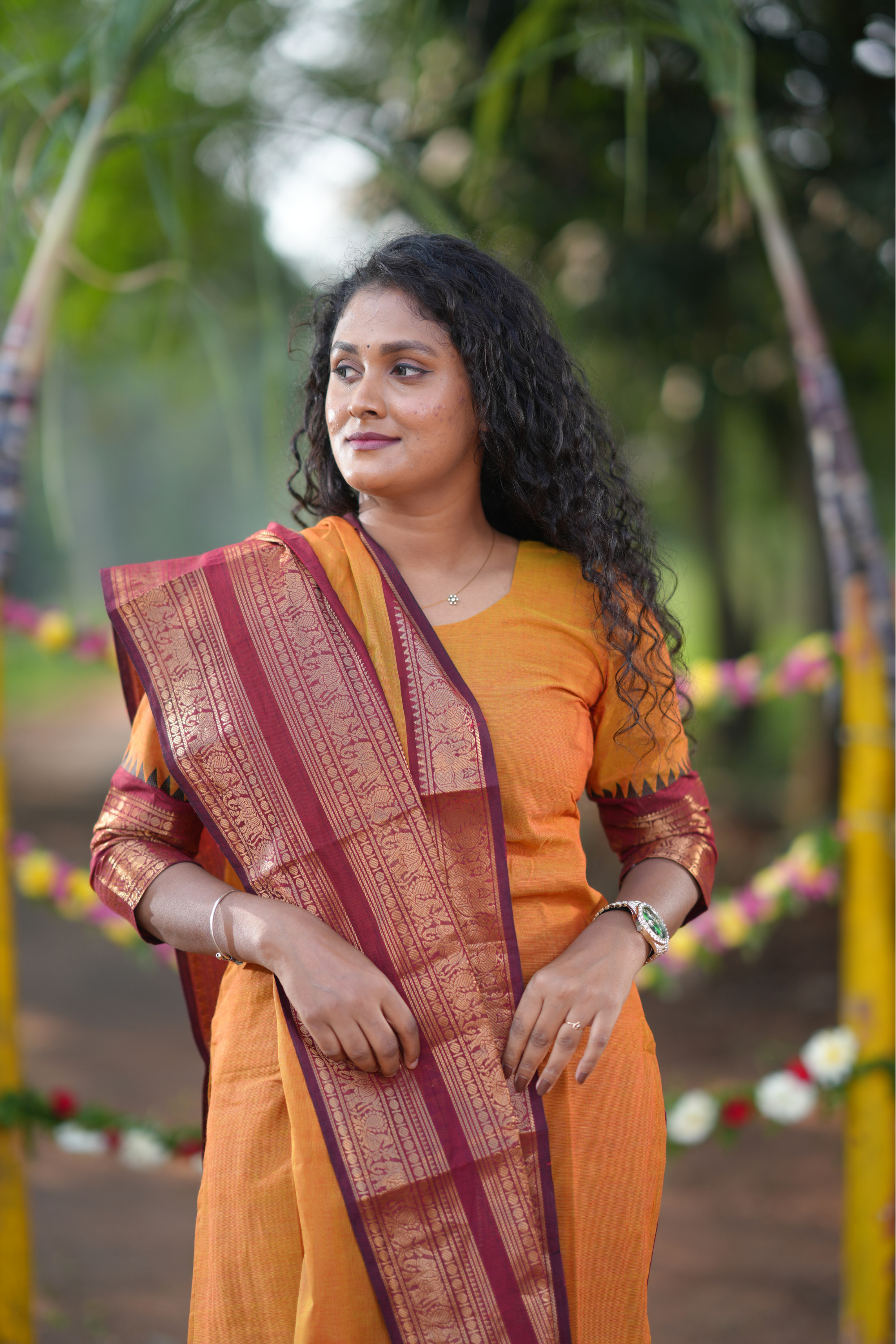 Mustard Cotton Kurta with temple border dupatta