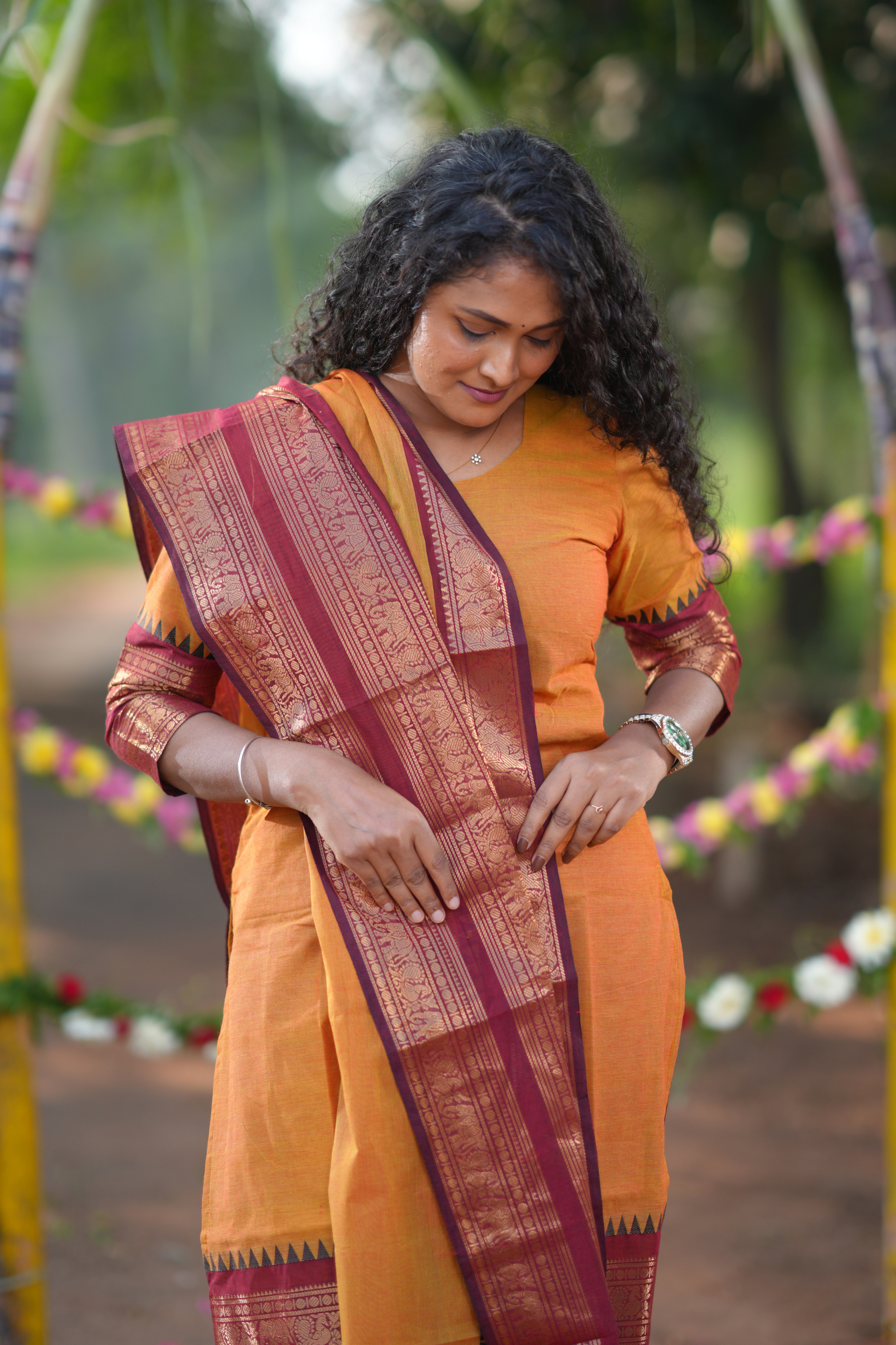 Mustard Cotton Kurta with temple border dupatta