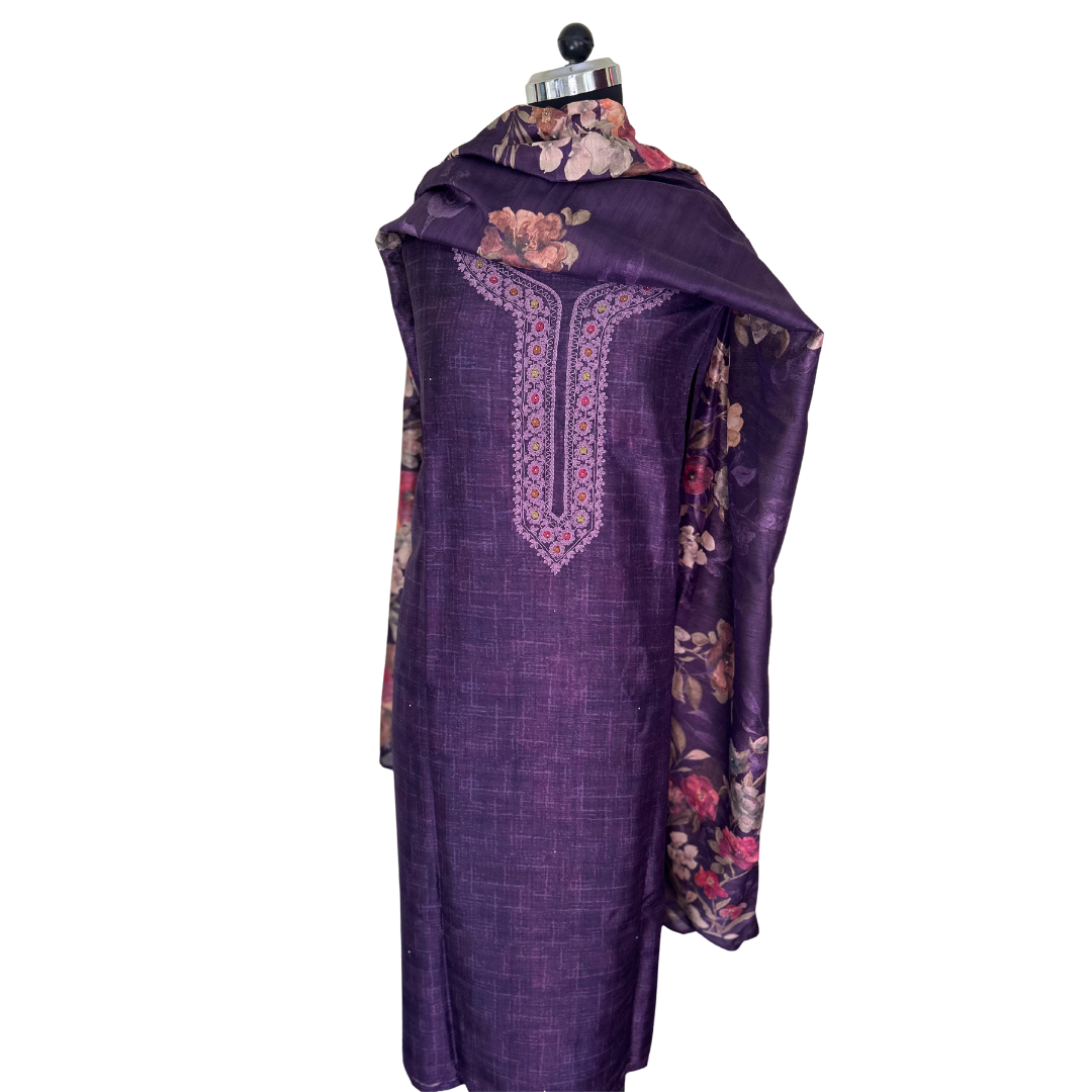 Embroidered Raw Silk Unstitched Salwar set with Printed Dupatta - Purple