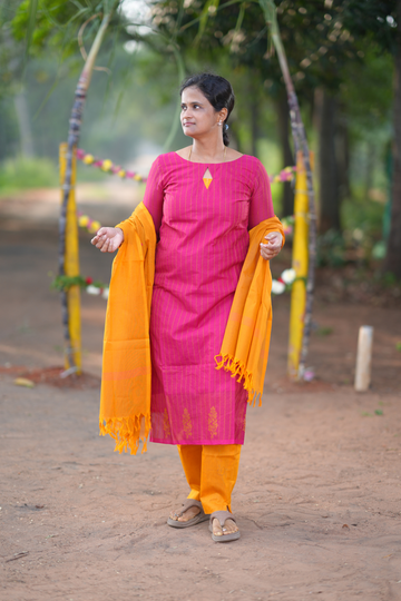 Pink Cotton Kurta Set with Festive Mustard Dupatta