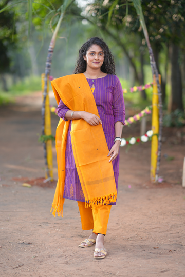 Violet Cotton Kurta Set with Festive Mustard Dupatta