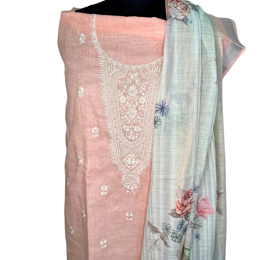Cotton Linen Unstitched Salwar set with Floral Printed Dupatta - Peach