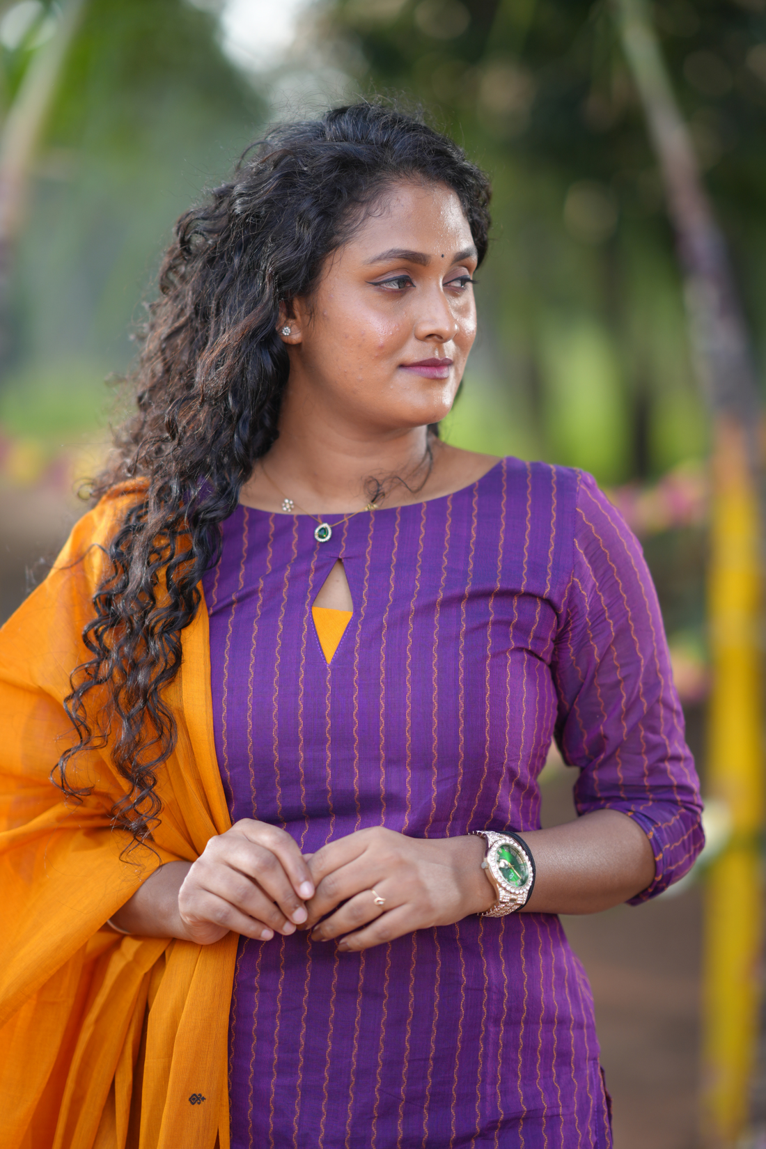 Violet Cotton Kurta Set with Festive Mustard Dupatta