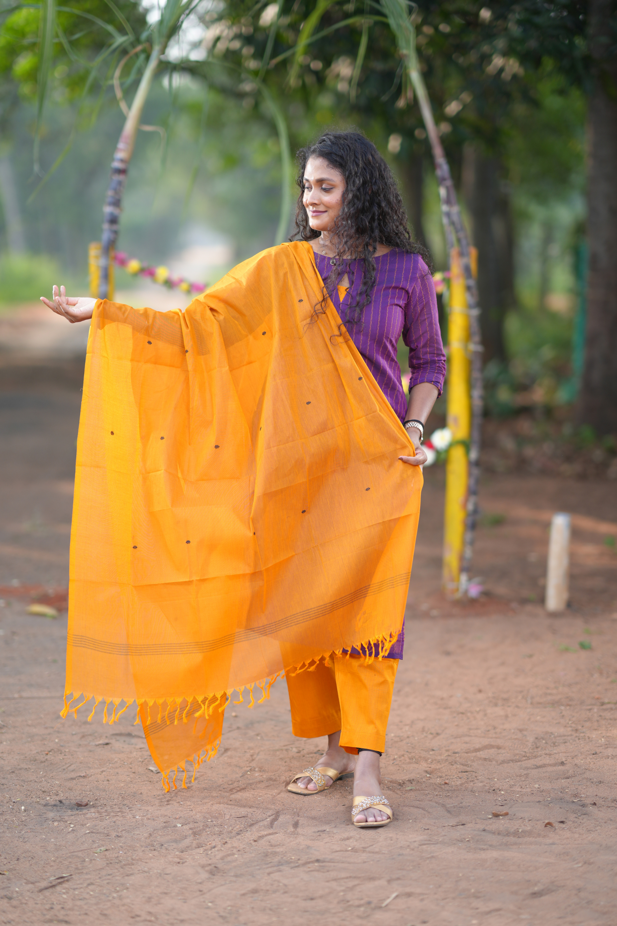 Violet Cotton Kurta Set with Festive Mustard Dupatta