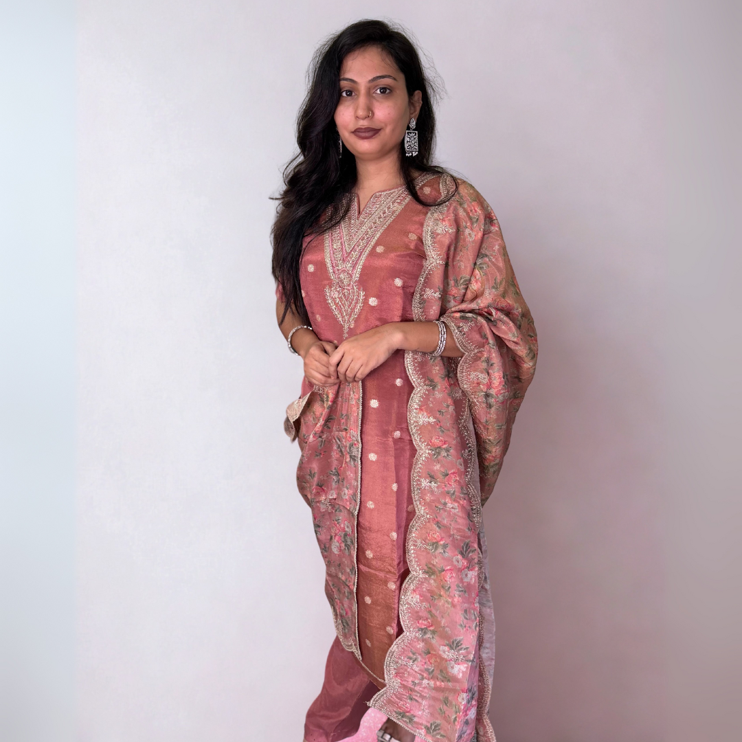 Embroidered Shimmer Tissue Salwar Set - Peach