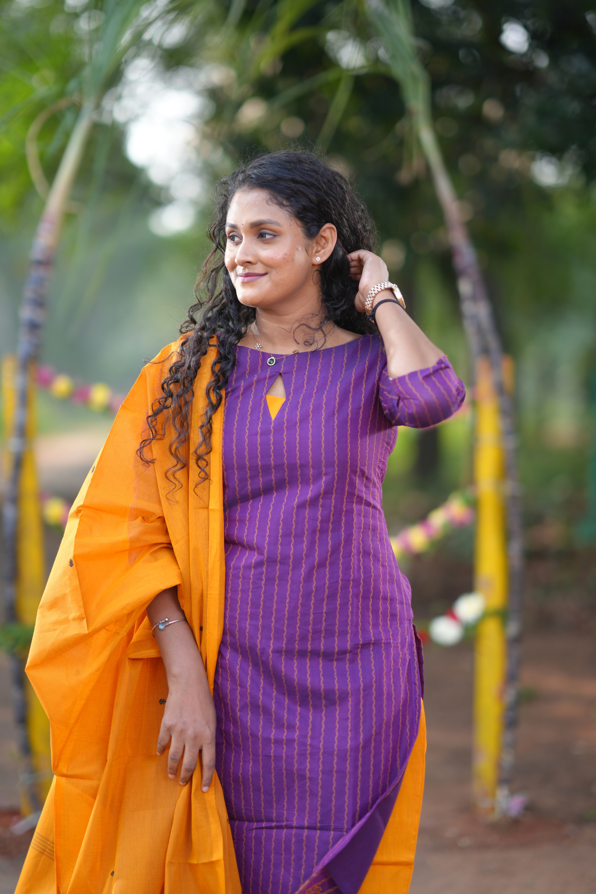 Violet Cotton Kurta Set with Festive Mustard Dupatta