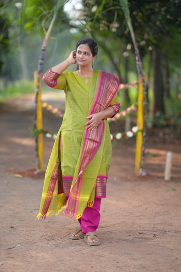 Green Cotton Salwar Set with Festive Pink Temple Border Dupatta