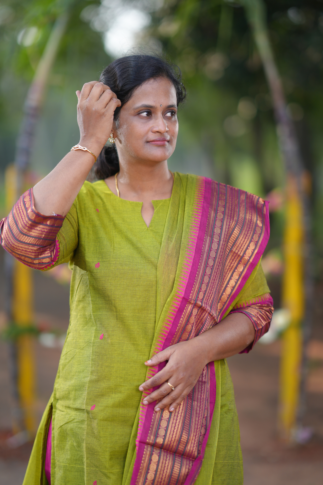 Green Cotton Salwar Set with Festive Pink Temple Border Dupatta