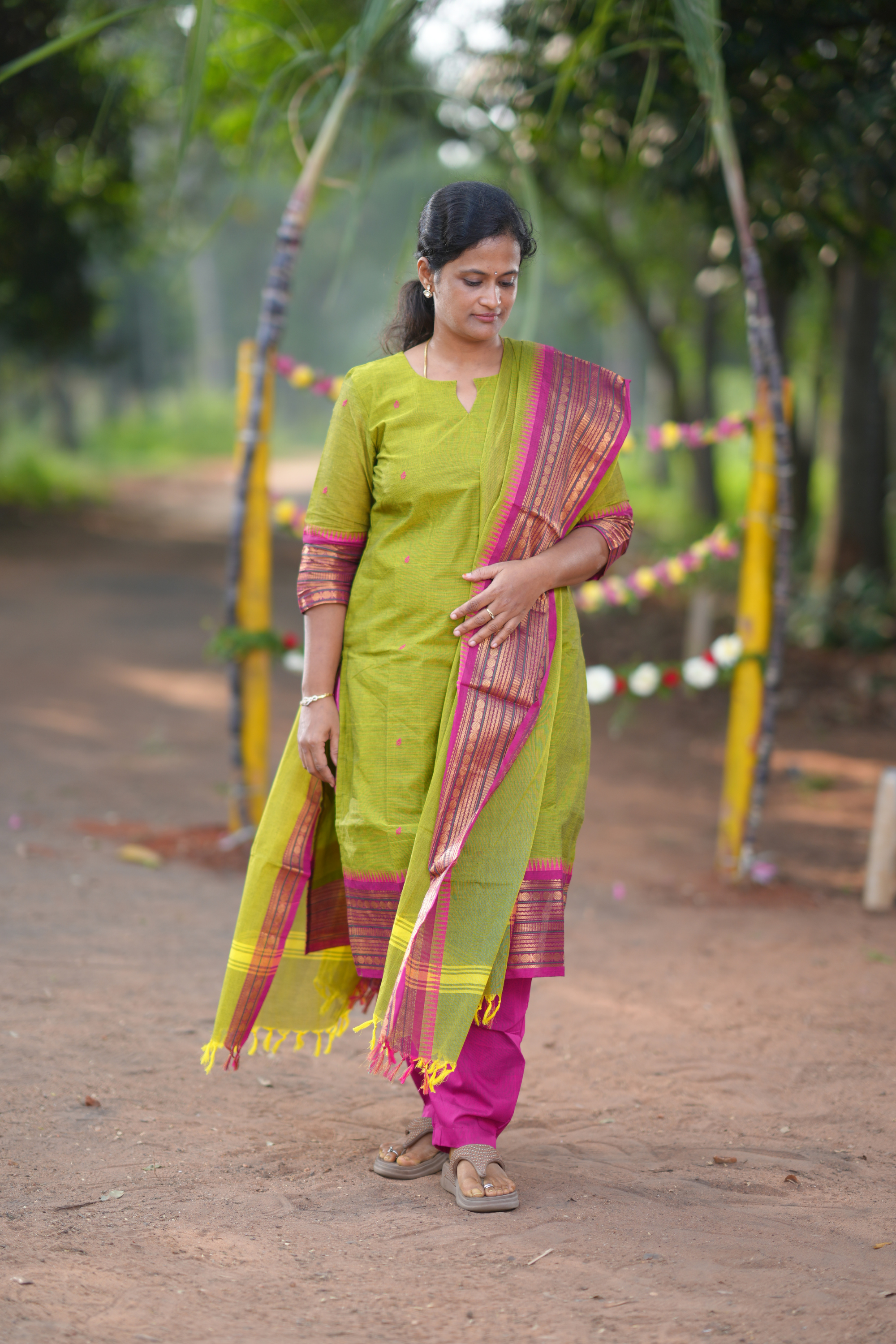 Green Cotton Salwar Set with Festive Pink Temple Border Dupatta