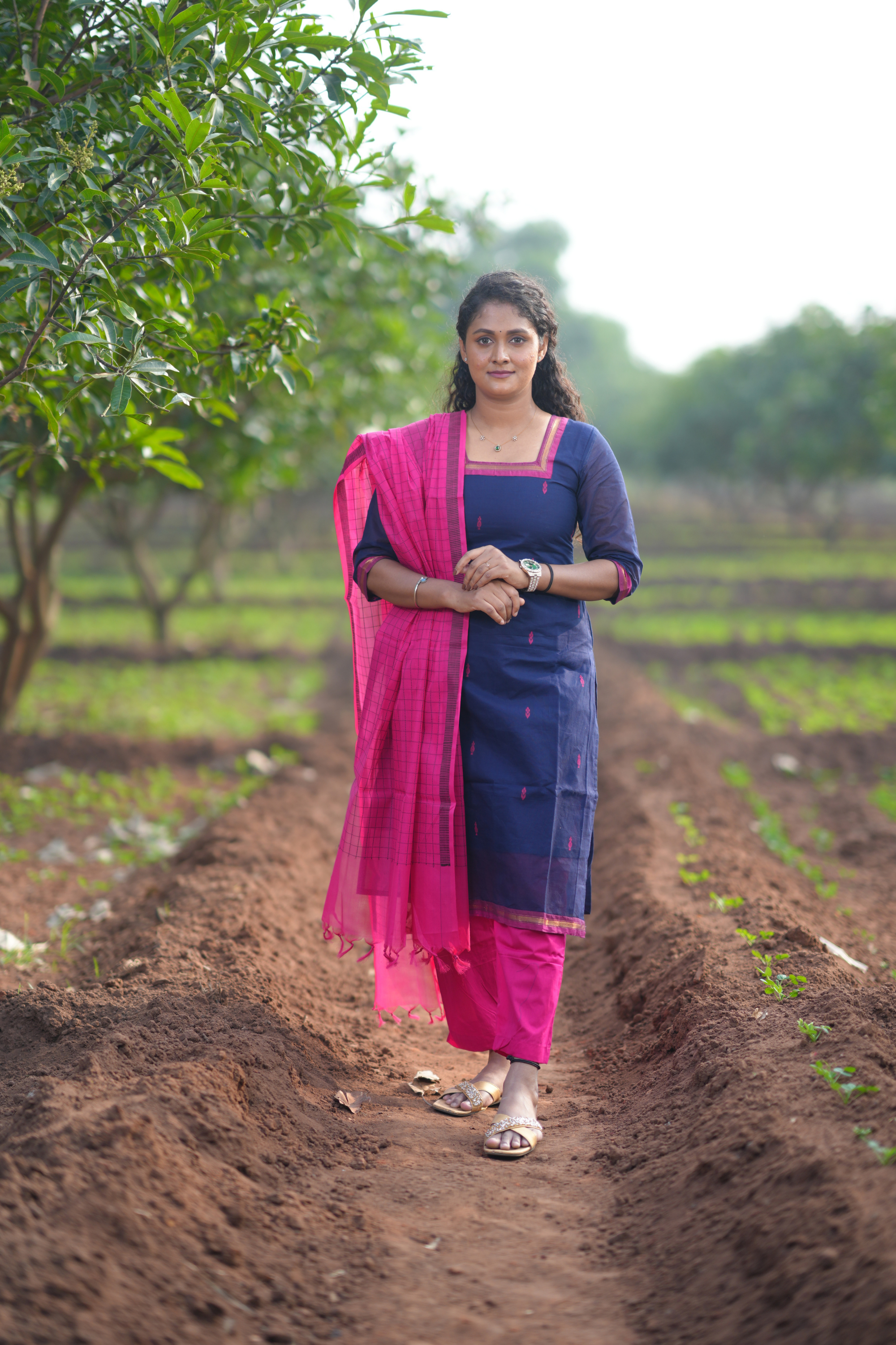 Navy Blue Cotton Kurta Set with Pink Checked Dupatta