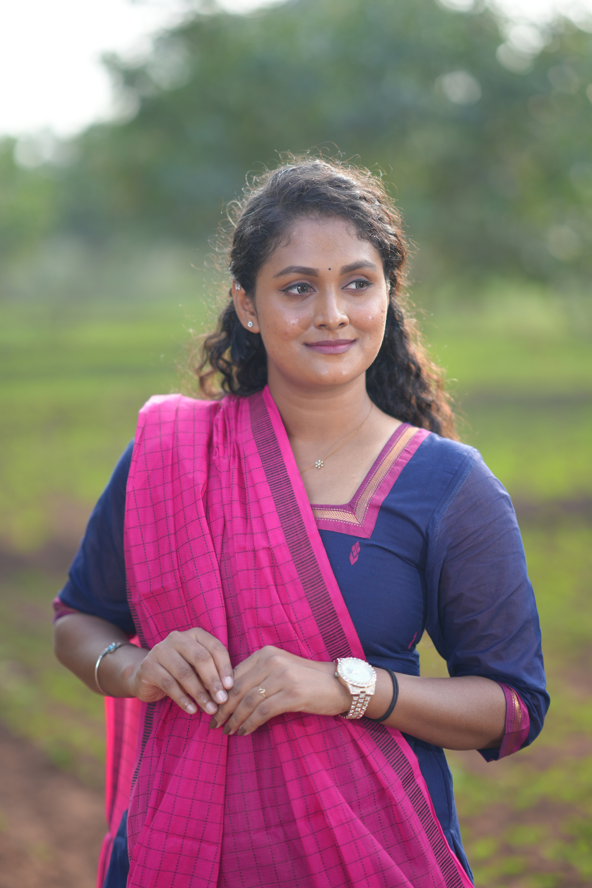 Navy Blue Cotton Kurta Set with Pink Checked Dupatta