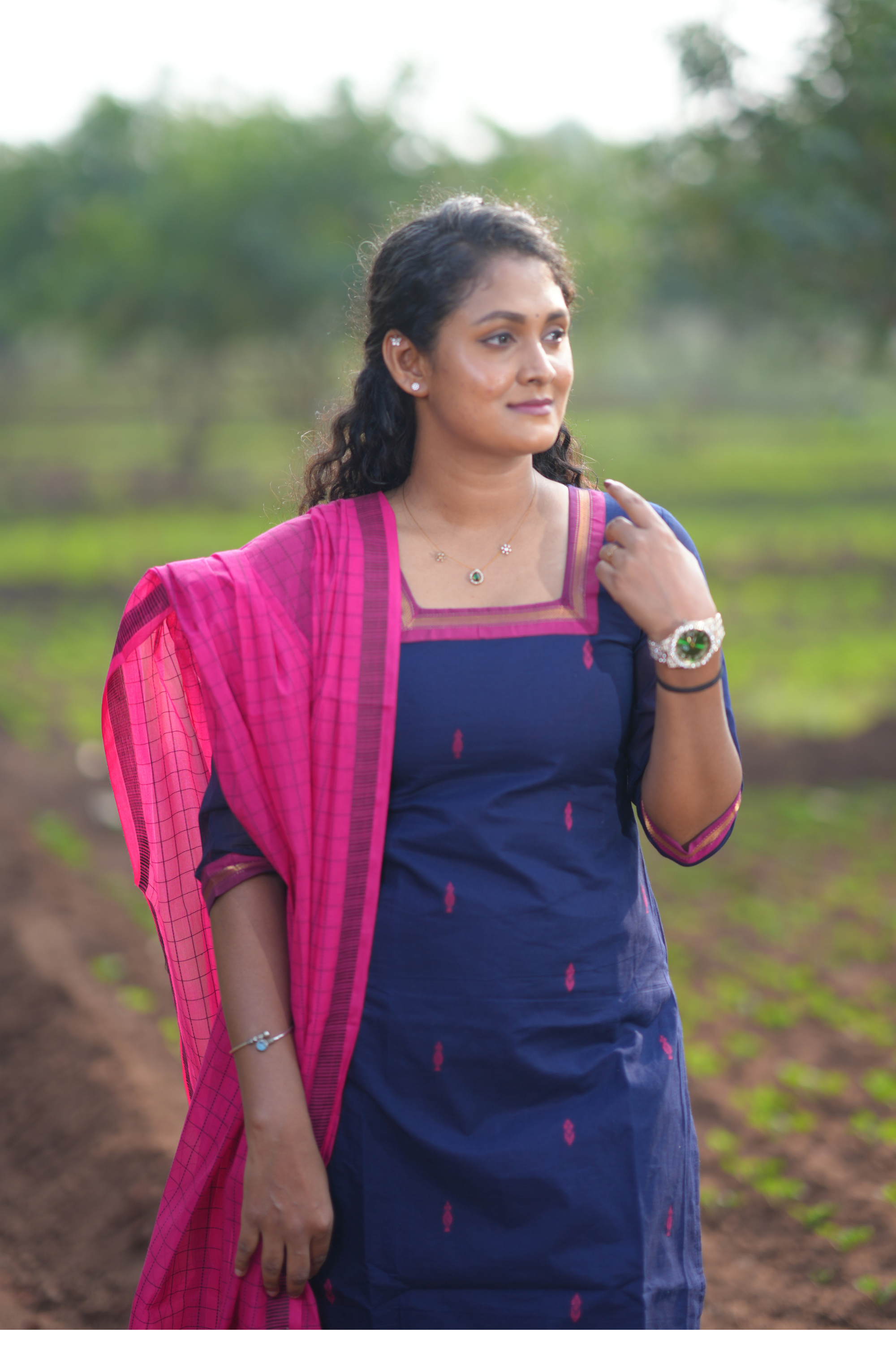 Navy Blue Cotton Kurta Set with Pink Checked Dupatta
