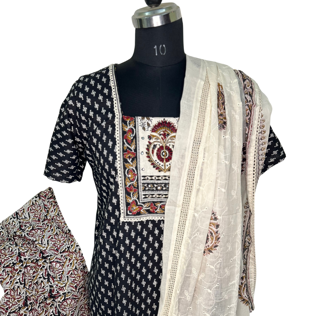 Printed Cotton Chikankari Dupatta Salwar set - Black