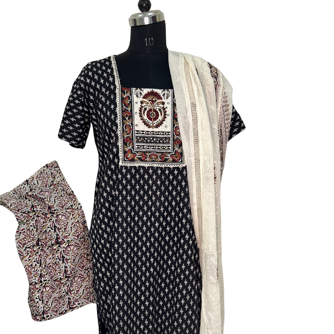 Printed Cotton Chikankari Dupatta Salwar set - Black