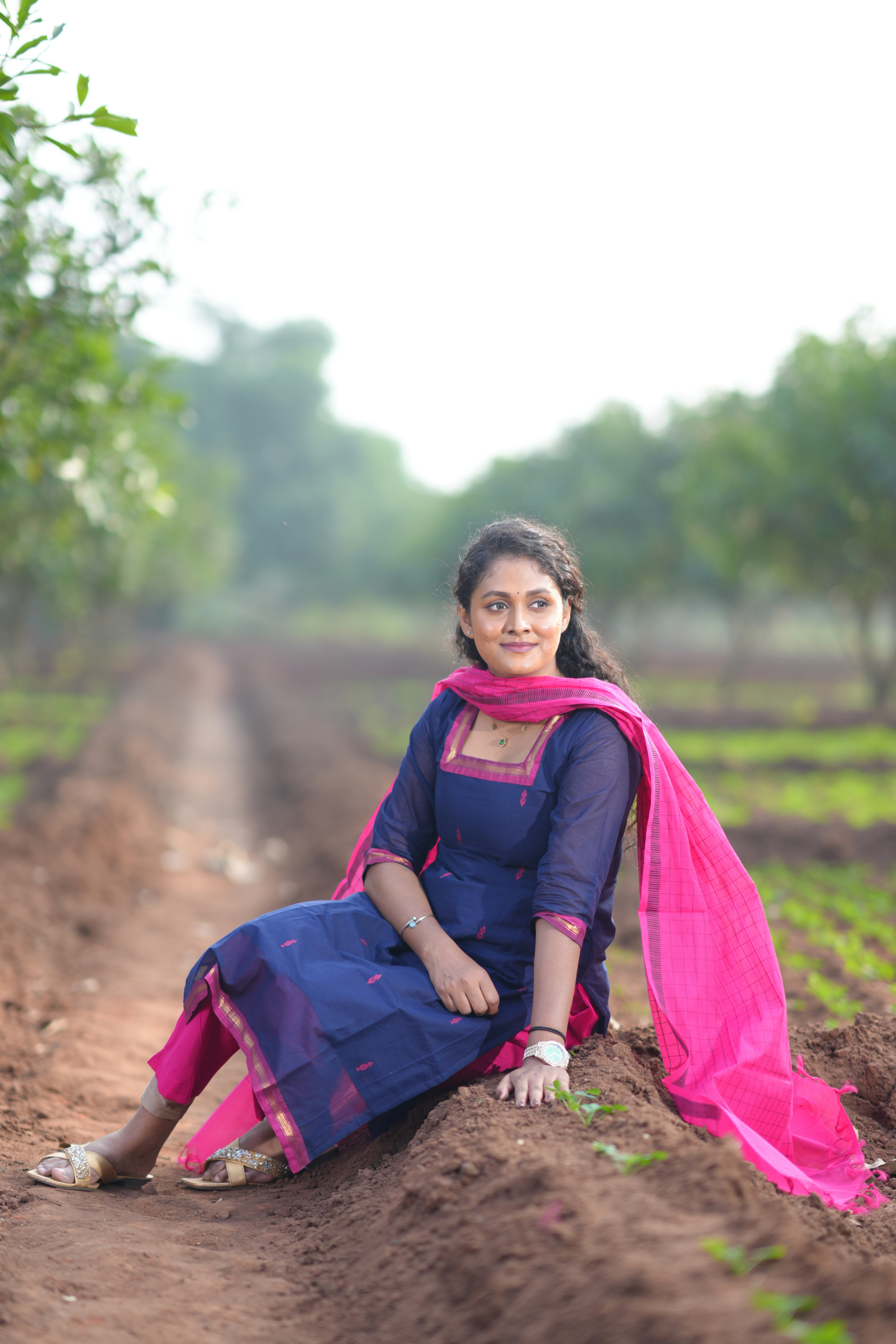 Navy Blue Cotton Kurta Set with Pink Checked Dupatta