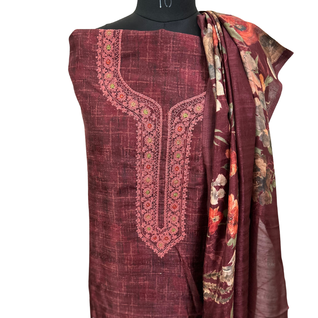 Embroidered Raw Silk Unstitched Salwar set with Printed Dupatta - Maroon