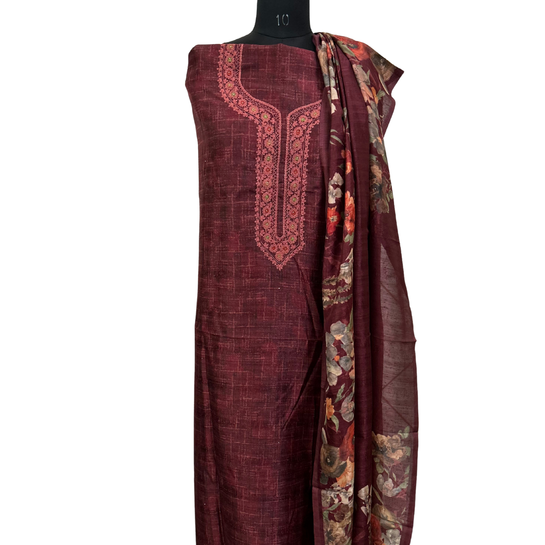 Embroidered Raw Silk Unstitched Salwar set with Printed Dupatta - Maroon