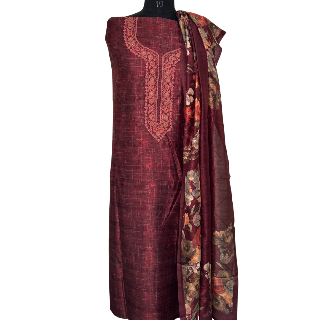 Embroidered Raw Silk Unstitched Salwar set with Printed Dupatta - Maroon