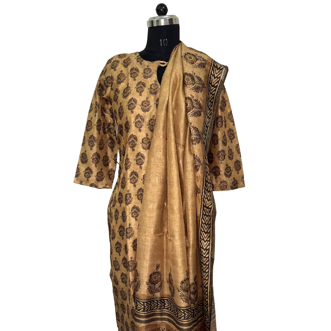 Mughal Print Raw Silk 3-piece Salwar set - Gold