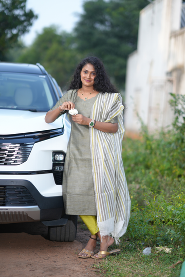 Grey Cotton Salwar Set with contrast bottom and dupatta