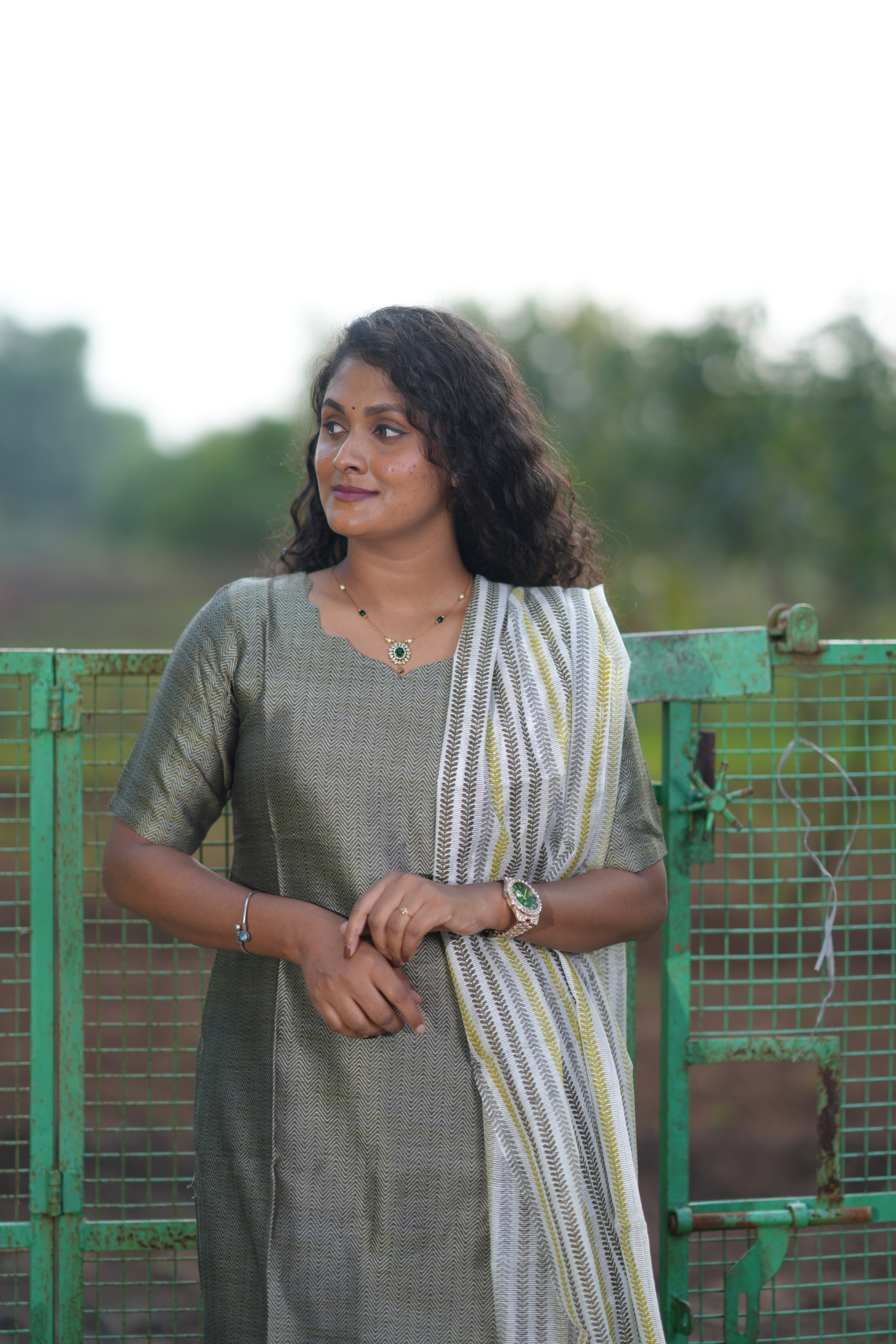 Grey Cotton Salwar Set with contrast bottom and dupatta